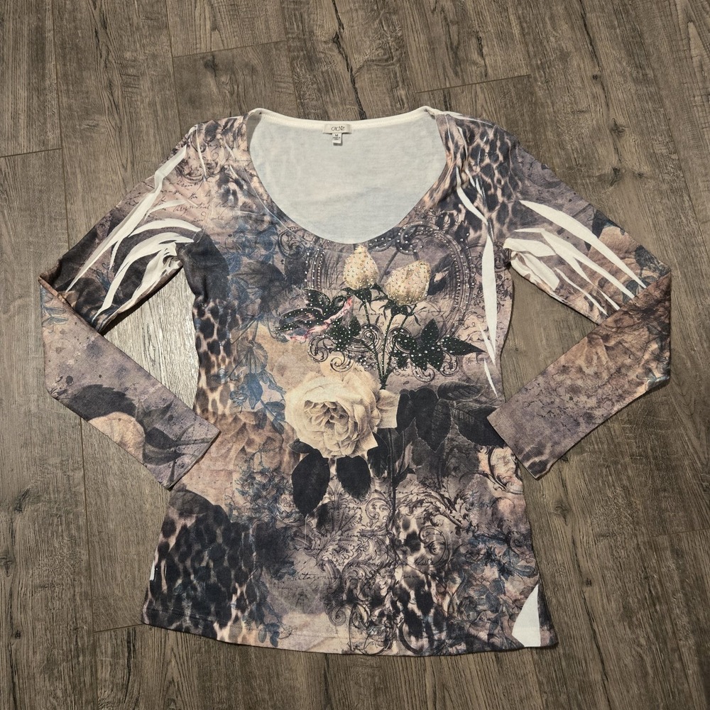 Vtg Cache Women's Top Rhinestone Sz M Rose Garden Fairy Grunge Y2K Indie Sleeze